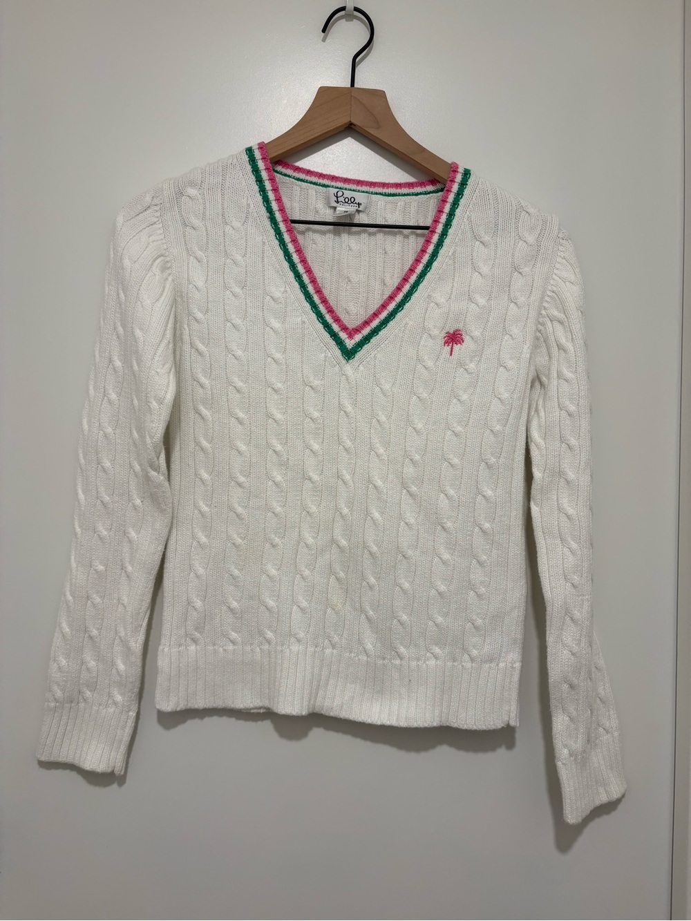 Lilly Pulitzer XS White Cable Knit V-Neck 100% Cotton Palm Tree Sweater